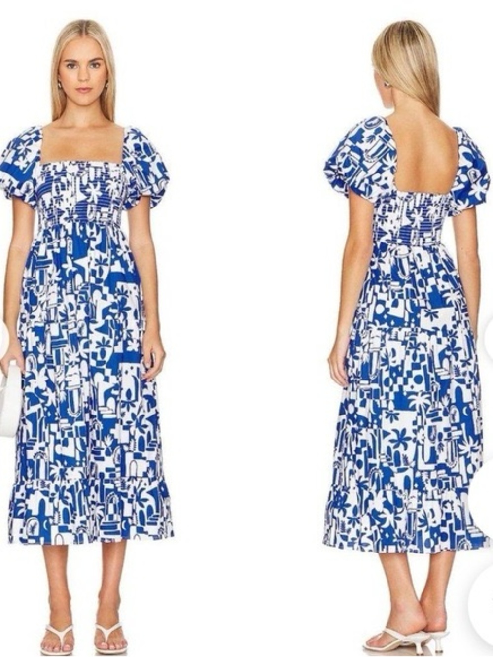 Show Me Your MuMu Blue & White Printed Smocked Midi Dress - Picture 3 of 7